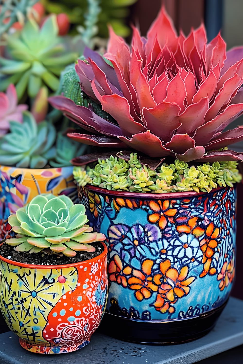 A vibrantly colored assortment of succulent plants, including a sizeable ruffled green echeveria and a fiery red pencil cactus, arranged in beautifully hand-painted Talavera pots, all on a weathered wooden surface.