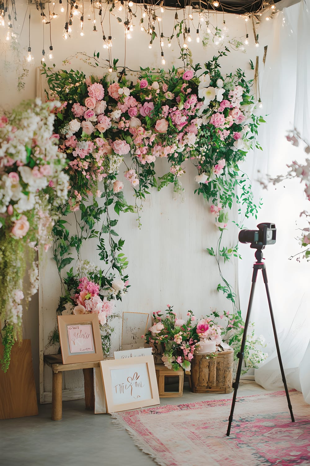 A living room corner turned into a photo booth featuring a floral backdrop abundant with pastel-colored flowers and foliage. Next to this, a vintage wooden table hosts assorted playful props such as oversized glasses, sparkly hats, and friendship quote signs. A Polaroid camera standing on a tripod is at the ready, bathed in the gentle glow of fairy lights above.