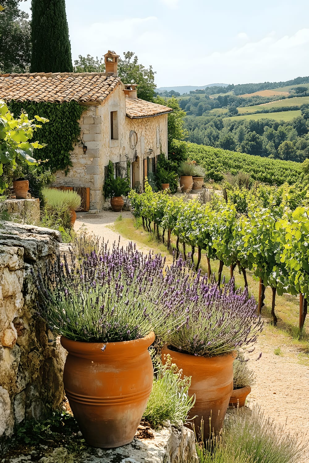 A rustic Mediterranean house situated amidst vibrant, sprawling vineyards with a rising sun in the background. Vines of golden grapes sway in the gentle wind as they trail along a scenic path that leads to the house. An aged stone wall, partially covered by ivy, frames the image on the left, matching the hue of the terracotta pots strategically placed around the house, overflowing with purple lavender flowers.