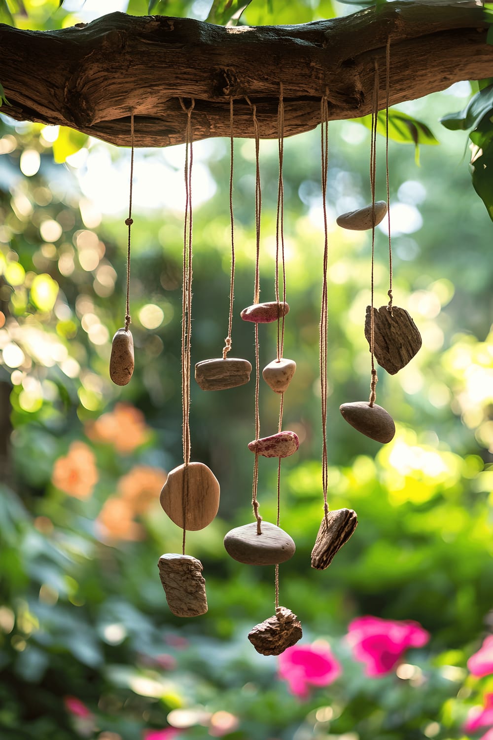 A close-up image of handmade wind chimes composed of small river rocks and driftwood hanging from a tree branch, surrounded by blooming flowers and lush greenery in a garden, lit by the soft afternoon light.