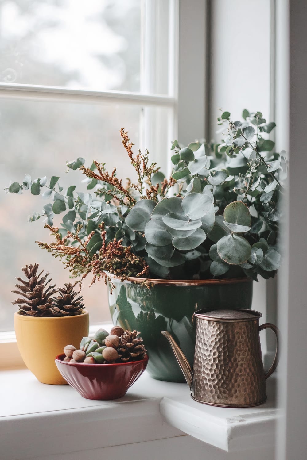 A windowsill display featuring a large green planter with eucalyptus and seasonal branches. A deep yellow pot with pinecones, a red bowl with pinecones and acorns, and a metallic silver watering can are also placed on the white shelf.