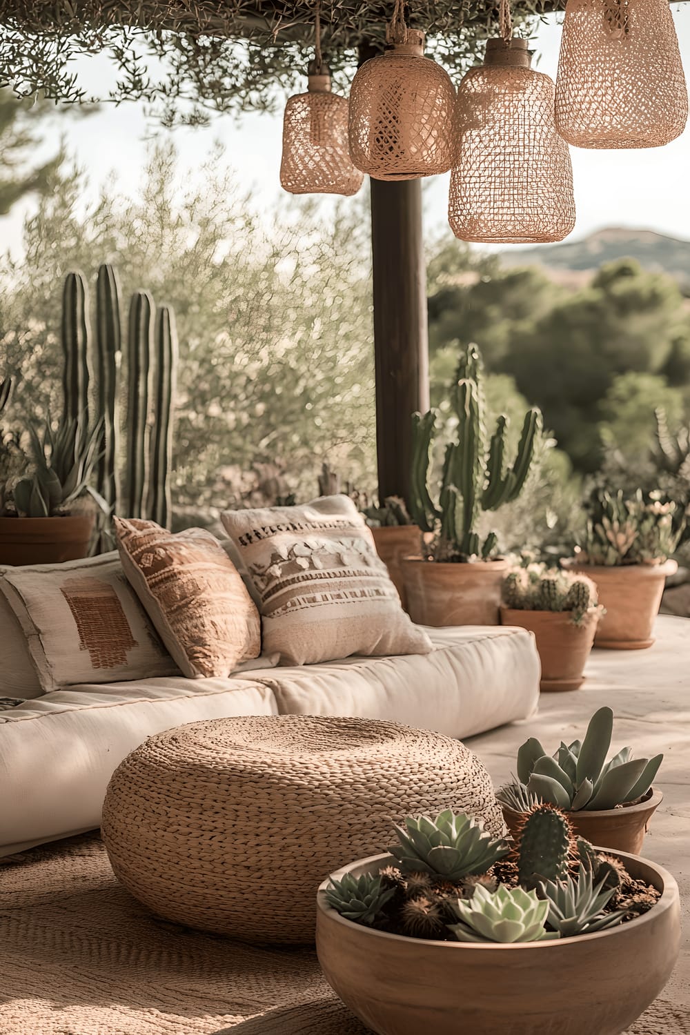 A desert-themed patio space featuring a woven jute ottoman centrepiece surrounded by floor cushions in muted desert tones, a terracotta fire bowl, various succulents and cacti nestled in textured ceramic pots, and soft warm light radiating from hanging perforated metal lanterns.