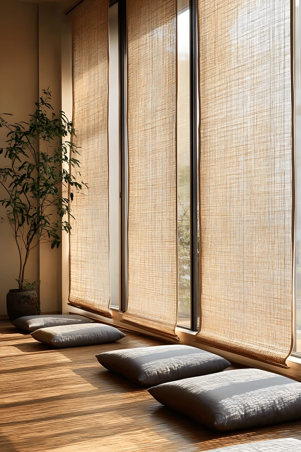 A serene Tokyo apartment depicted with a dedicated meditation space. The room features bamboo flooring covered with low seating cushions forming a half-circle. On the far side, a wall of translucent shoji screens lets in soft, natural light, enhancing the overall peaceful and Zen aesthetic of the room. The apartment furniture is minimal and made of light-colored wood. The walls are white and bare, contributing to the minimalistic decor.