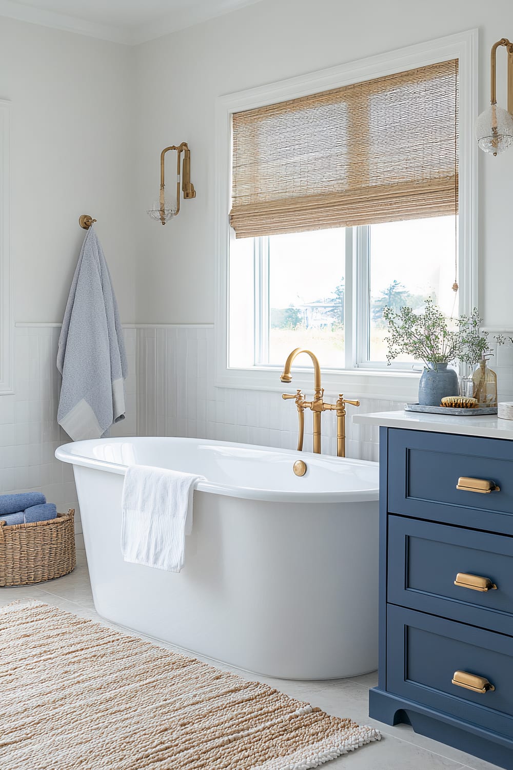 A bathroom featuring a white freestanding bathtub with a white towel draped over its edge. Surrounding the tub is a light beige woven rug, and a wicker basket with blue towels. The windows have Roman bamboo shades, and above the tub are wall-mounted gold fixtures including a towel hook with a gray towel and dual light sconces. A blue vanity with gold hardware is visible on the right, topped with a tray holding a vase with green plants, a blue jug, and other small items.