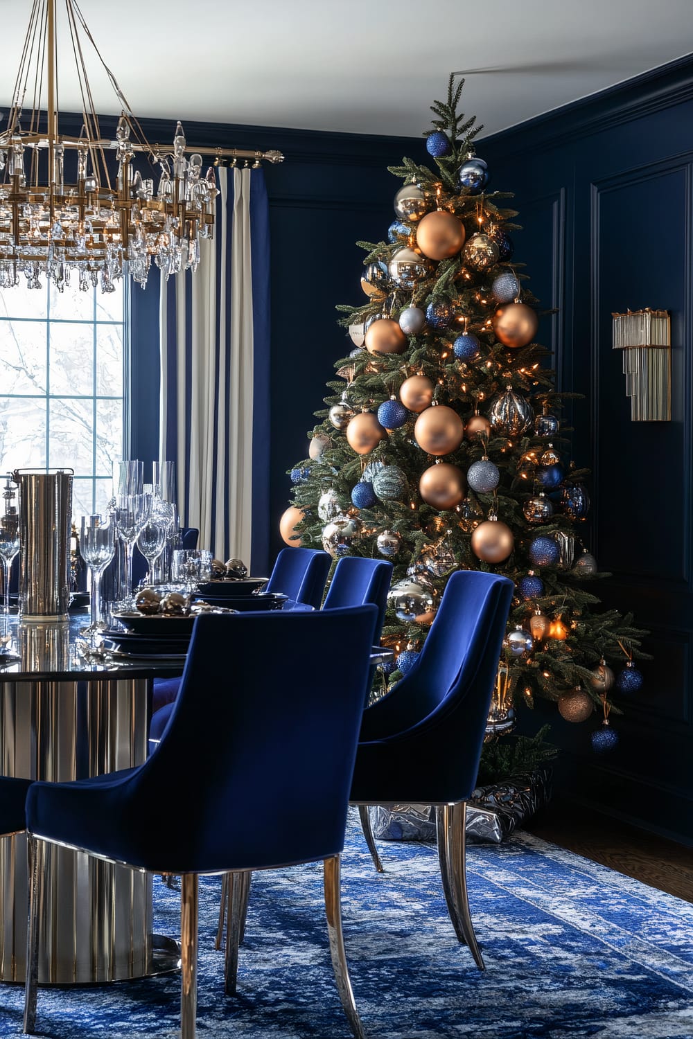 Art Deco-inspired dining room featuring a symmetrical vintage Christmas tree decorated with metallic ornaments, elegant mirrored furniture, deep blue accents, and dramatic chandelier lighting.