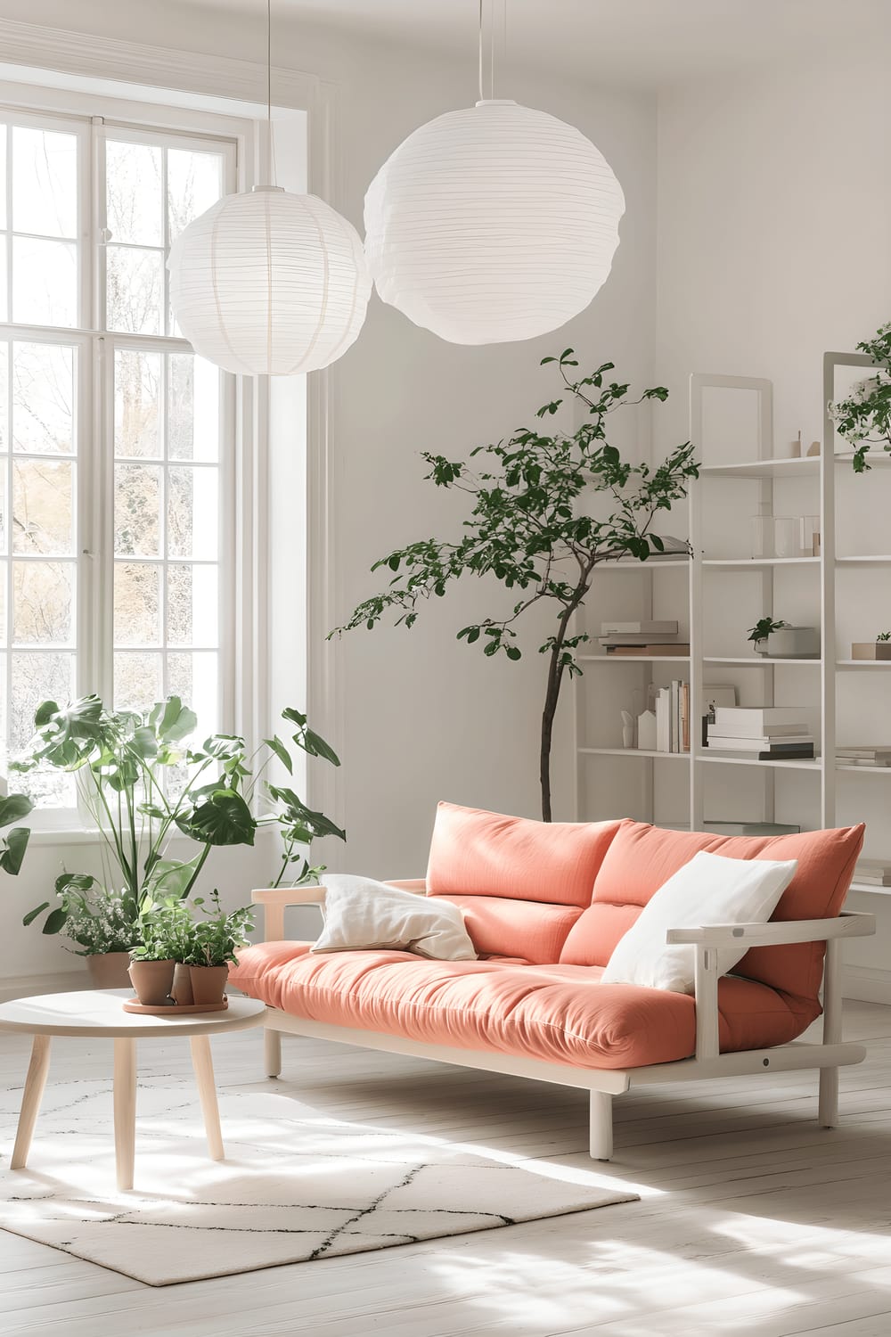 A bright living room inspired by Scandinavian design, featuring light wooden floors and white furniture. The space is accented by a coral sofa, the focal point of the room. A white geometric rug lies underneath a wooden coffee table, and a white shelving unit displays minimalist decor. Pothos plants in white pots add differing levels of greenery, enhancing the fresh feel of the room. Large windows and white pendant lights brighten the room, emphasizing the coral sofa.