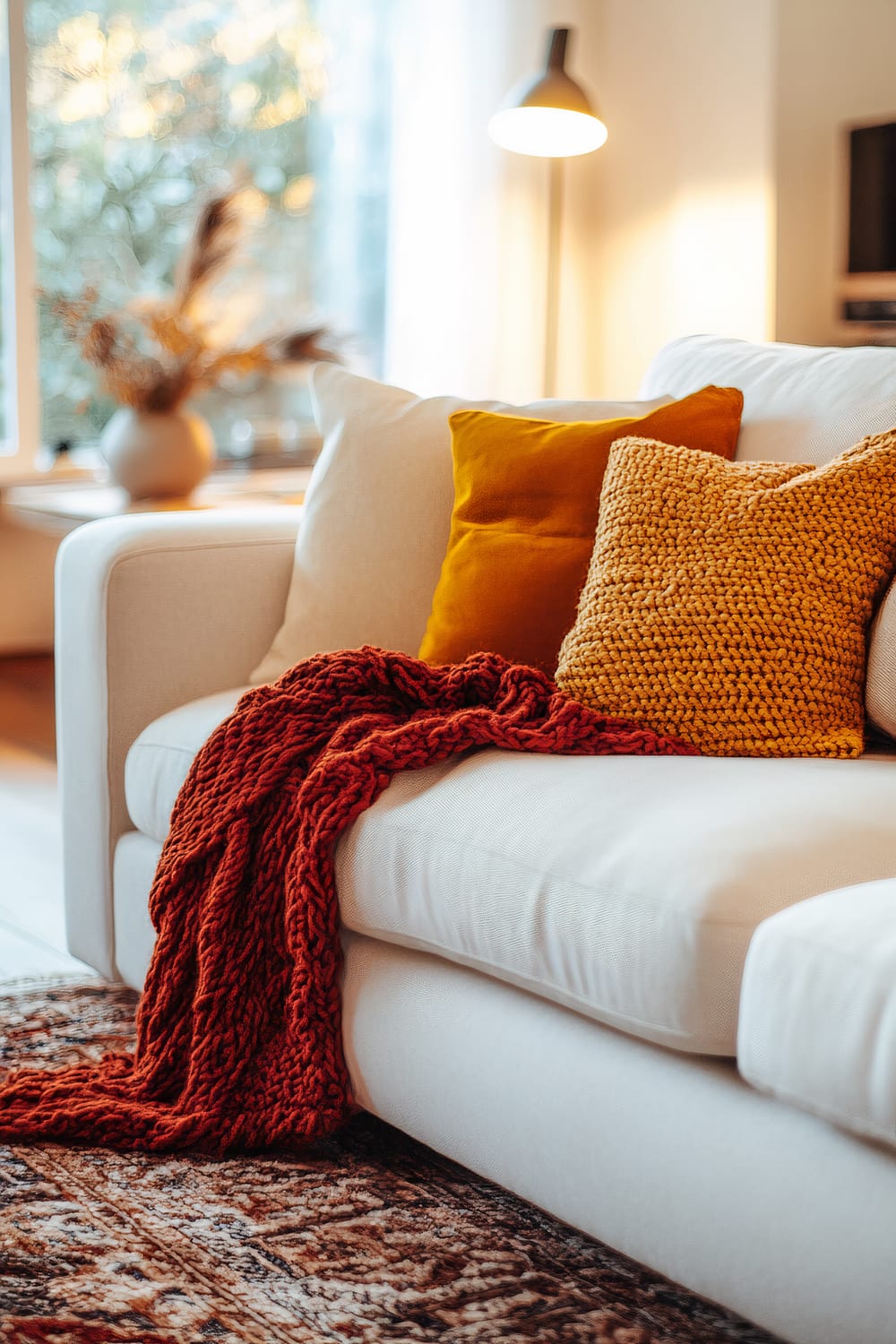 A cozy living room featuring a large white minimalist sofa adorned with burnt orange and mustard yellow throw pillows. A chunky knit blanket in deep red is draped over the armrest. A soft earth-toned rug lies beneath a sleek wooden coffee table. Warm ambient lighting from a vintage floor lamp highlights the rich textures and autumnal colors, with a vase of dried plants on a distant table adding to the decor.