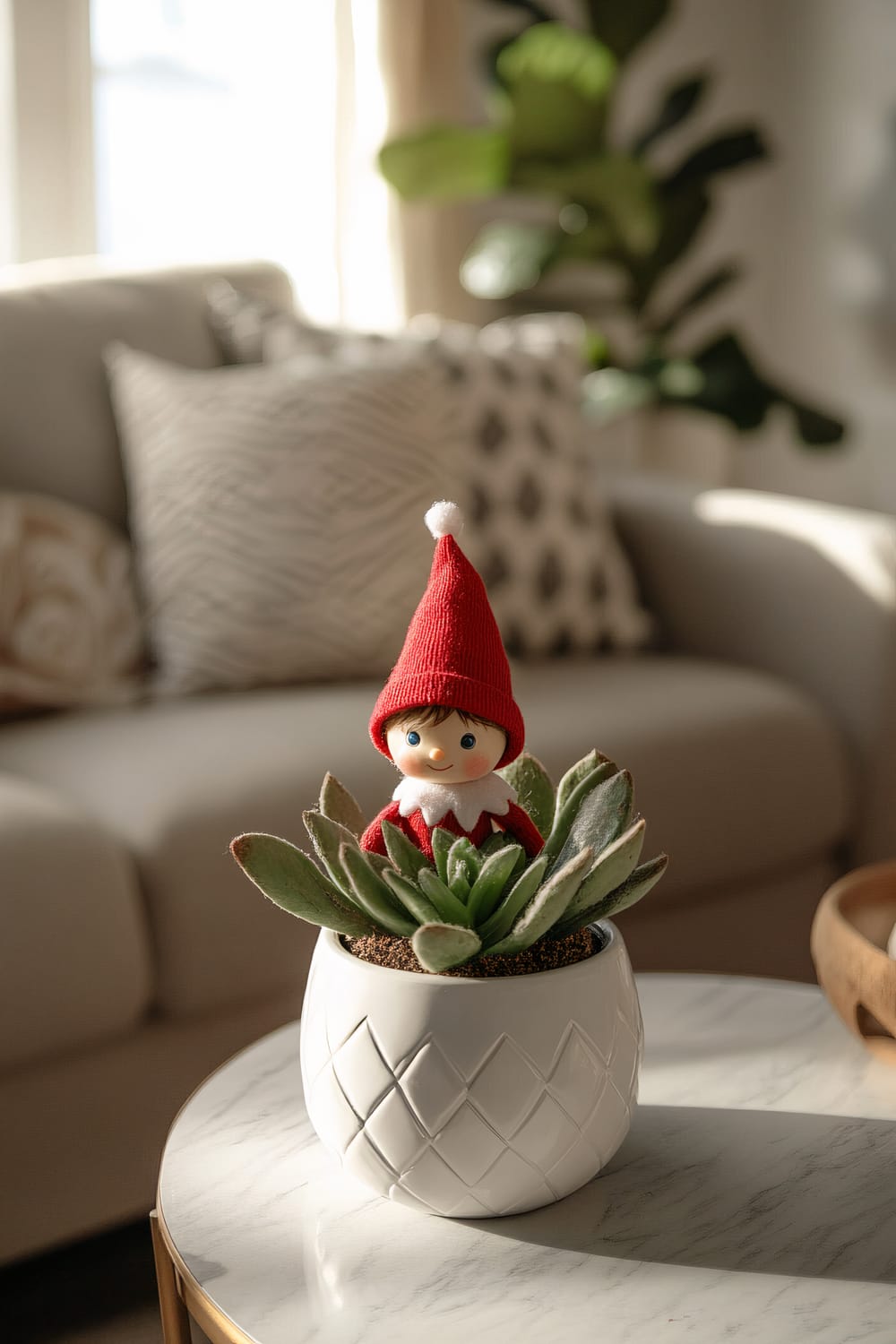 A charming Elf on the Shelf is nestled in a stylish white planter filled with a succulent plant, resting on a Scandinavian-style coffee table. The scene is bathed in natural sunlight, coming from a window in the background, highlighting earthy tones in the elf’s red and white clothing. A beige sofa adorned with patterned cushions and a green houseplant are seen in the background.