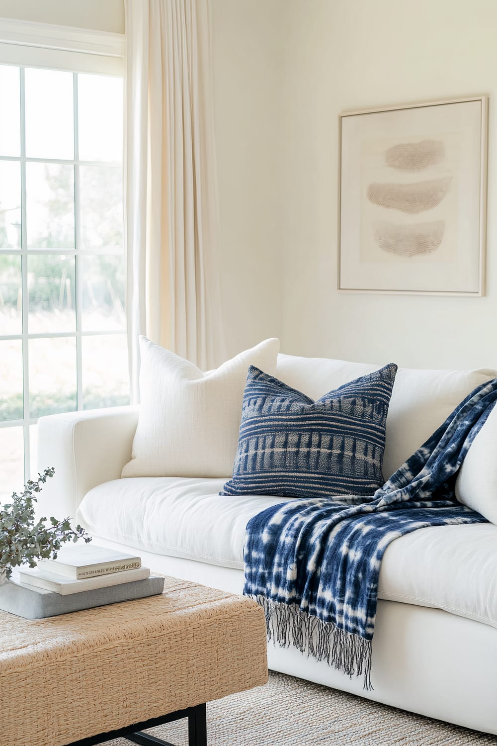 A bright, minimalist living room with a white sofa adorned with white and blue patterned pillows. A blue and white tie-dye throw blanket is draped over the sofa's armrest. A beige rectangular woven coffee table is positioned in front of the sofa, holding a stack of books and a vase with eucalyptus branches. A large window with white curtains allows natural light to flood the room, and a framed abstract art piece hangs on the cream-colored wall.