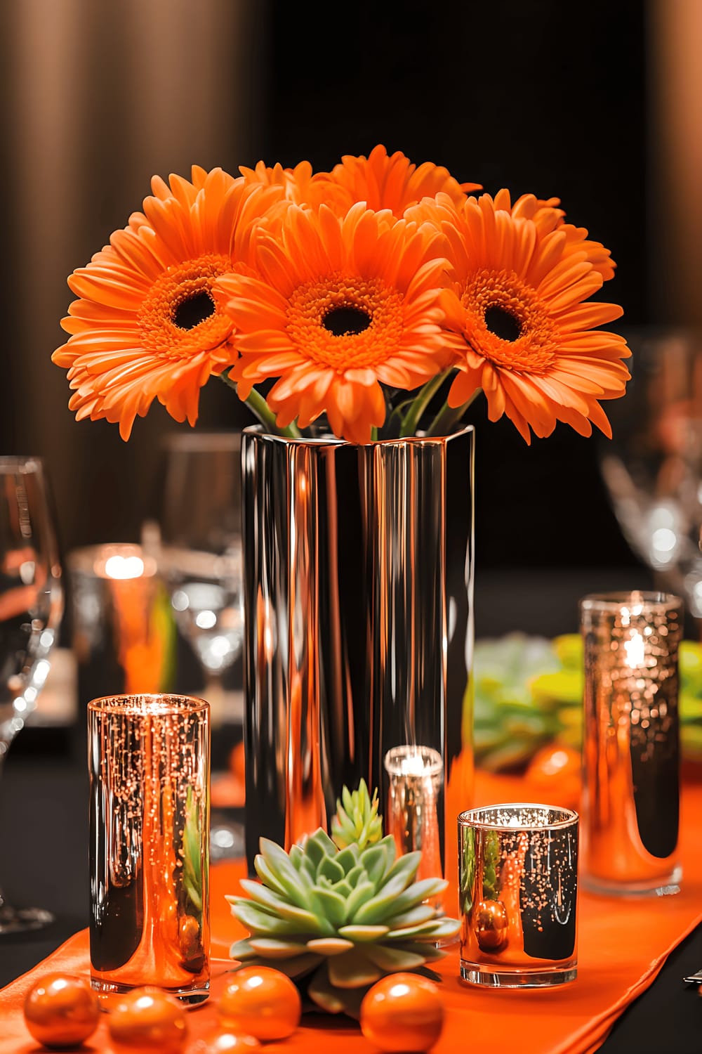 A bold table centerpiece dominated by the vibrant hues of tangerine and polished chrome. At the heart lies a chrome geometric vase filled with tangerine gerbera daisies and green succulents. The vase is surrounded by chrome candle holders showcasing orange candles, accompanied by scattered shiny tangerine marbles. All these elements are placed on a bold black table with a broad bright orange runner, under strong directional lighting accentuating the vivid contrast between the tangerine and the chrome.