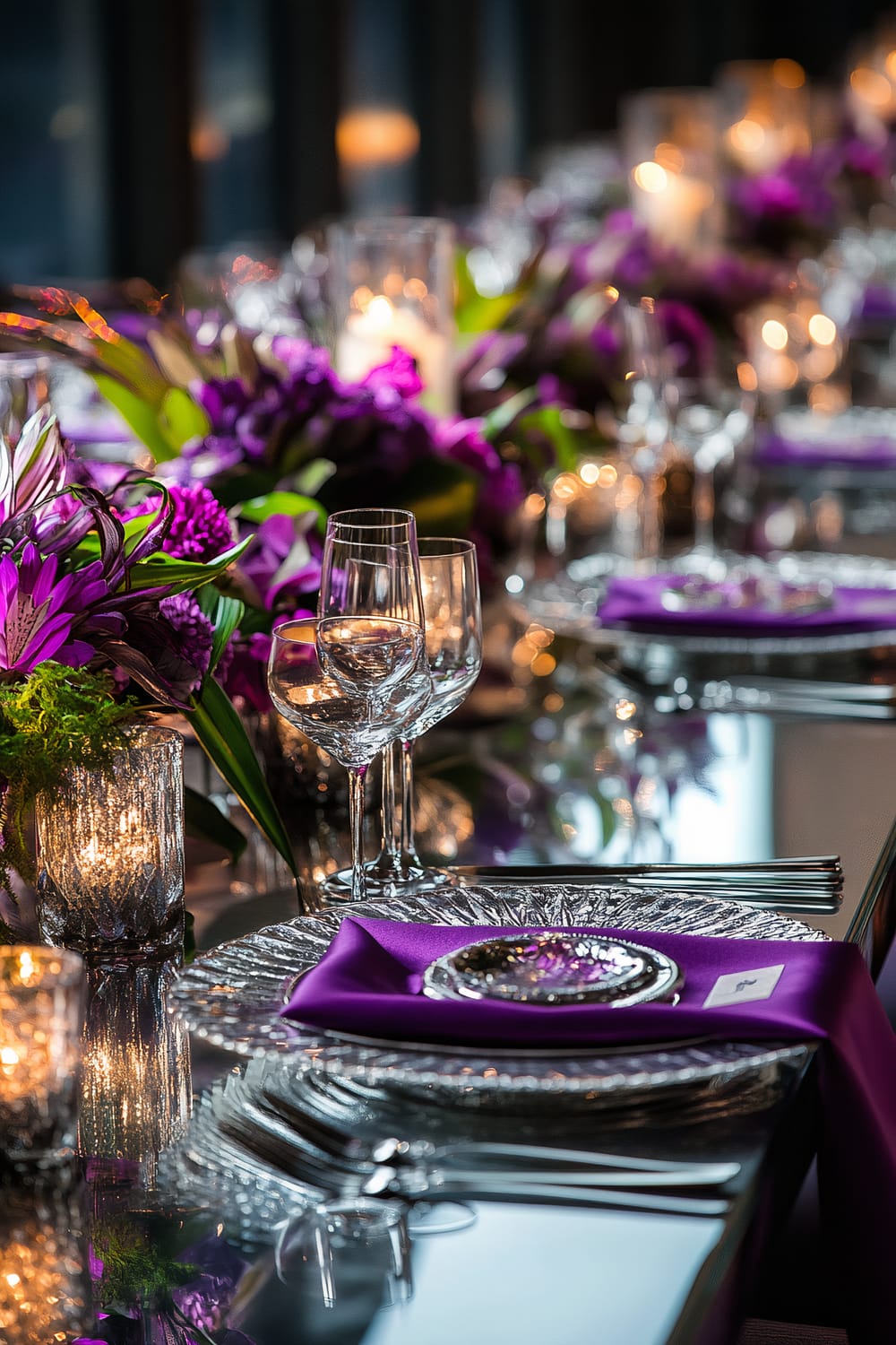 An Art Deco-themed Thanksgiving table arrangement features vibrant purple and silver tones. The table is adorned with intricate geometric patterns, with a long line of elegant glassware and shiny cutlery. Purple flowers and green foliage complement the overall stylish and modern ambiance. The table includes mirrored surfaces and dramatic uplighting to enhance the contrasts.