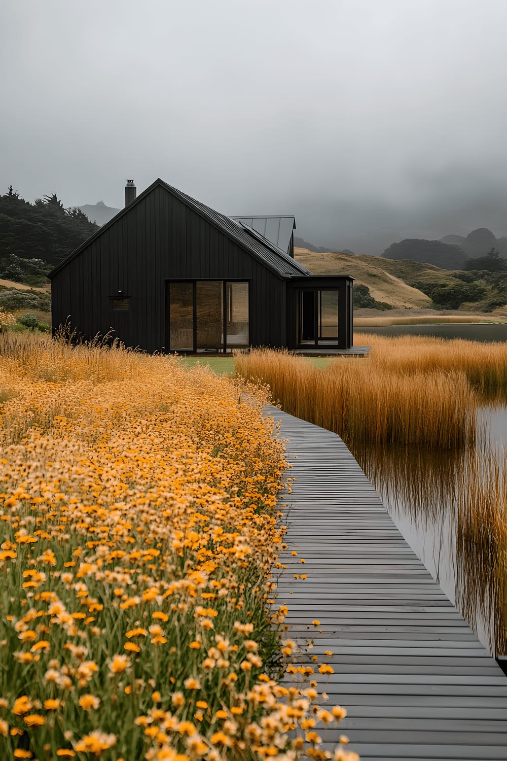 A modern black timber home placed amidst a mixed landscape of wildflowers and golden grasses. A wooden pathway leads from the house, meandering through the grass towards a quiet lake visible in the distance. The scene is set under an overcast sky, infusing the surroundings with a moody aura.