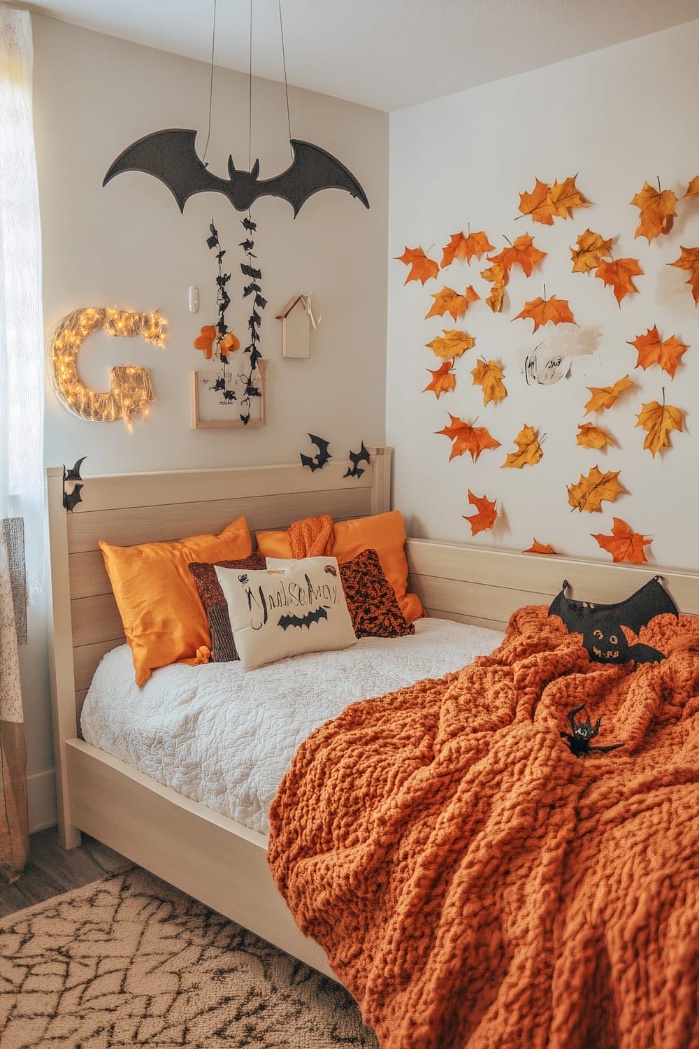 An aesthetically decorated bedroom with a Halloween theme. The room showcases a bed with orange and black accent pillows sitting on a white quilt, and a thick orange knitted blanket draped over. The back wall displays bat and leaf decorations, while a large bat mobile hangs from the ceiling above. Additionally, a lighted "G" sign and a wooden birdhouse adorn the upper part of the wall. Light enters the room from a window partially covered with a sheer curtain with lace patterns. The rug on the floor features a simple geometric design.