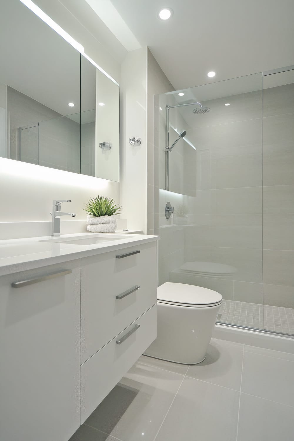 The bathroom features a modern and minimalist design with a white vanity unit with sleek handles, a rectangular mirror with integrated lighting, and a toilet. A glass-enclosed shower area with a rainfall shower head is visible in the background. The decor is simple, complemented by a small potted plant on the counter, and the room is lit by recessed ceiling lights.