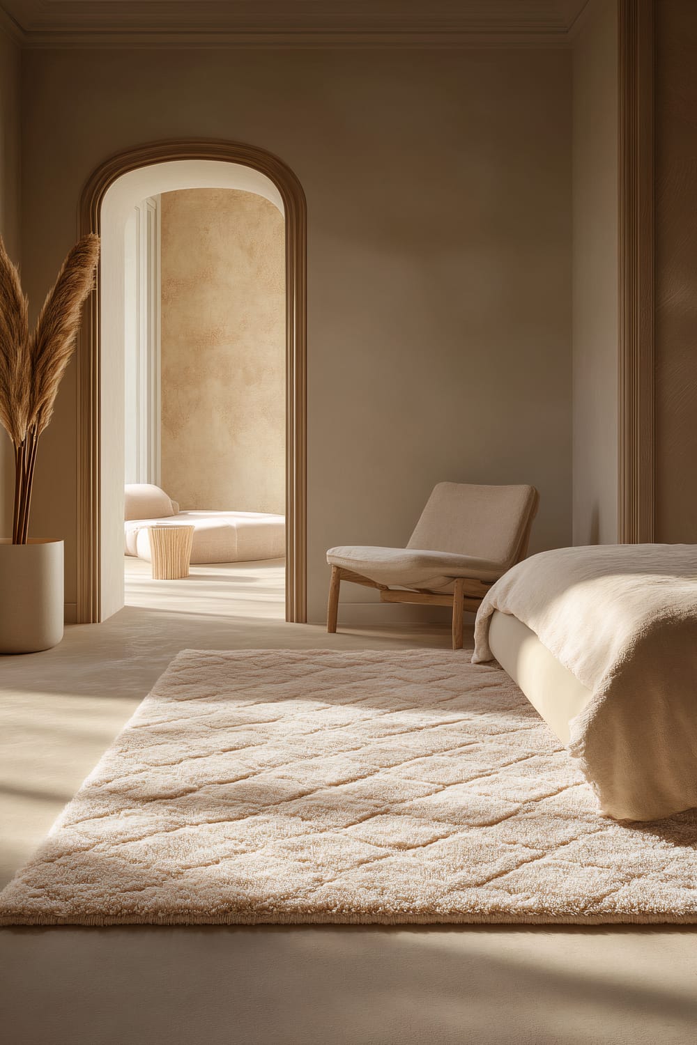 A serene, modern bedroom viewed from the doorway. The space features a plush, oversized textured rug in beige and cream hues with intricate patterns. Soft ambient lighting casts gentle shadows throughout the room, highlighting the minimalist furniture in neutral shades. The scene includes a bed with a beige duvet, an upholstered chair, and a potted plant with tall, fluffy accents.