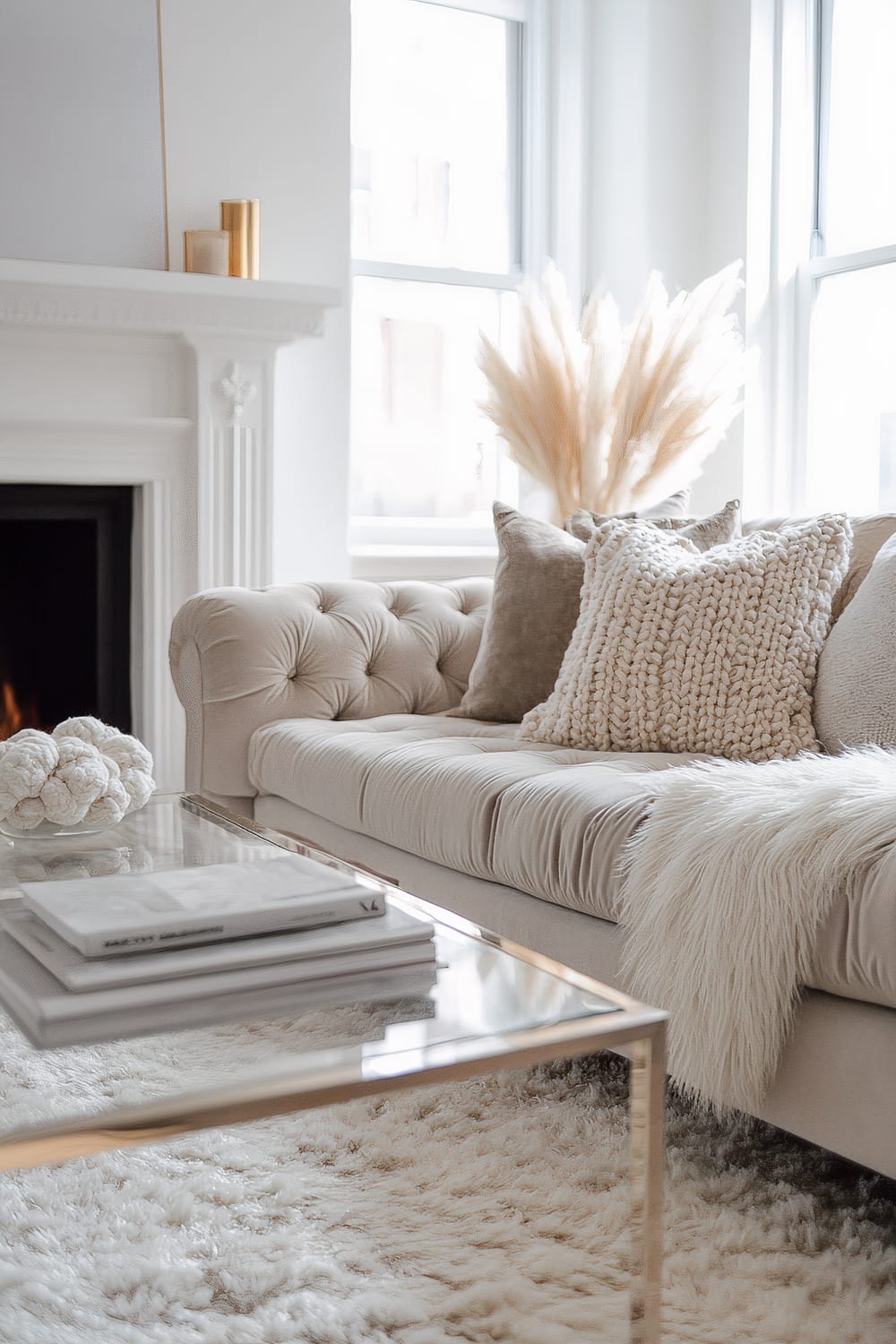 A refined, luxurious living room features a plush cream tufted sofa adorned with textured pillows in shades of beige and taupe. A soft, fluffy throw drapes over the side of the sofa, enhancing the cozy atmosphere. A sleek glass coffee table with metallic edges holds a stack of coffee table books and a decorative knot sculpture. In the background, an ornate white fireplace mantel is partially visible with golden decorative items placed on top. Tall windows allow abundant natural light into the space, illuminating dried pampas grass in an elegant arrangement behind the sofa. The floor is covered by a thick, plush white rug, adding to the room's sophisticated and serene aesthetic.