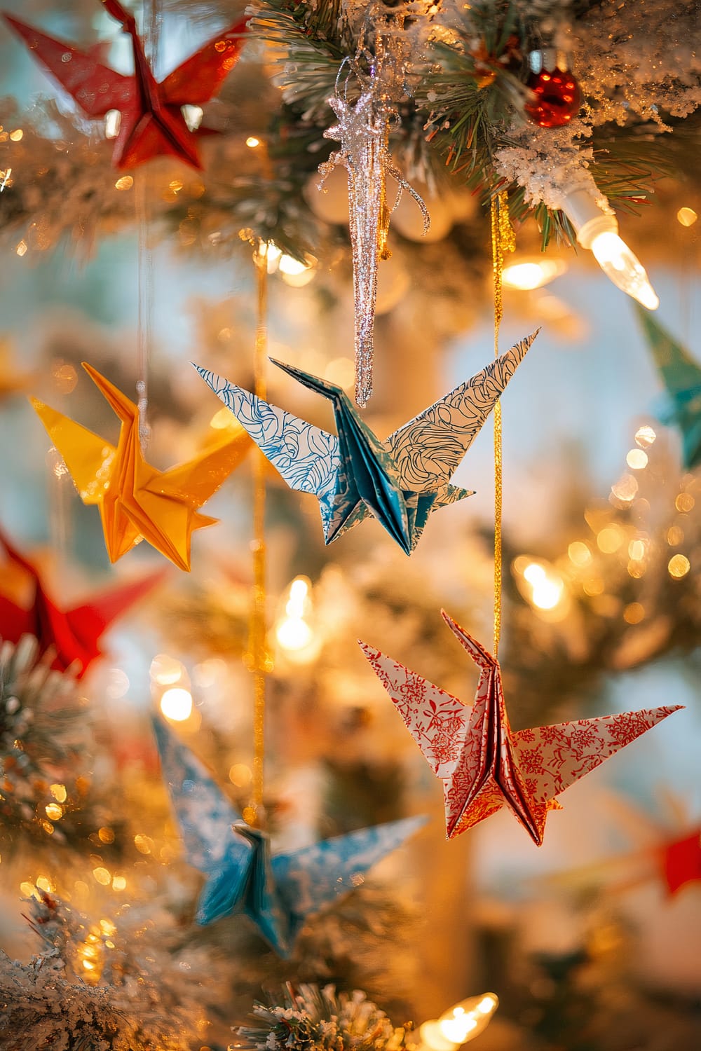 A Christmas tree decorated with various colorful origami cranes, glittering silver icicles, and small warm white string lights. The cranes are made of patterned paper in shades of red, blue, yellow, and white, and are hanging from gold string. The branches of the tree have a frosted appearance, adding a wintery touch to the festive scene.