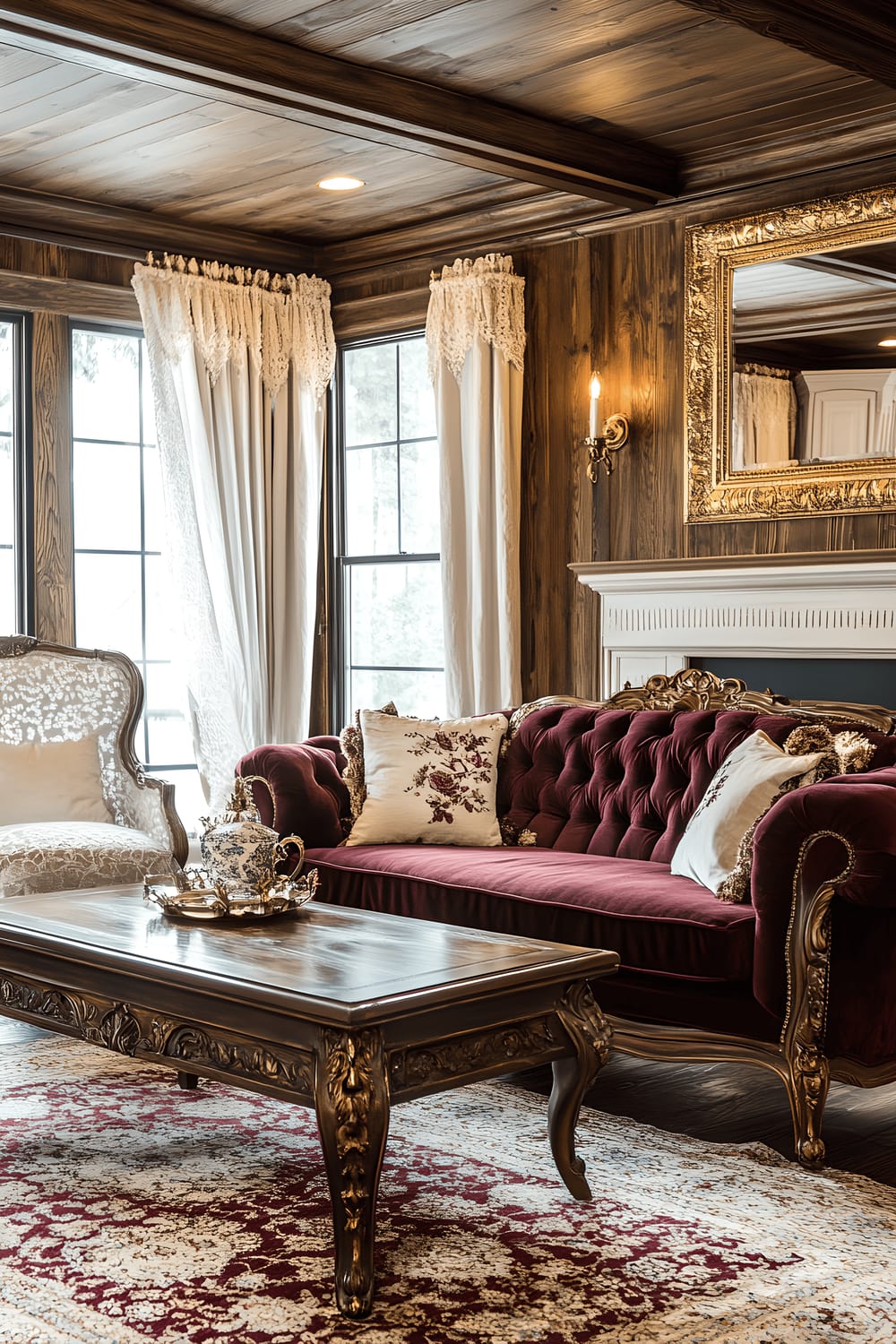 A Victorian-style living room featuring distressed wooden paneling, antique brass lighting fixtures, a tufted velvet sofa in deep burgundy, a lace-trimmed vintage armchair, and a classic wooden coffee table with intricate carvings. A gilded mirror accentuates the vintage fireplace while a rich, patterned Persian rug adds boldness to the floor. Natural light floods in through the lace curtains, casting an inviting glow over the room.