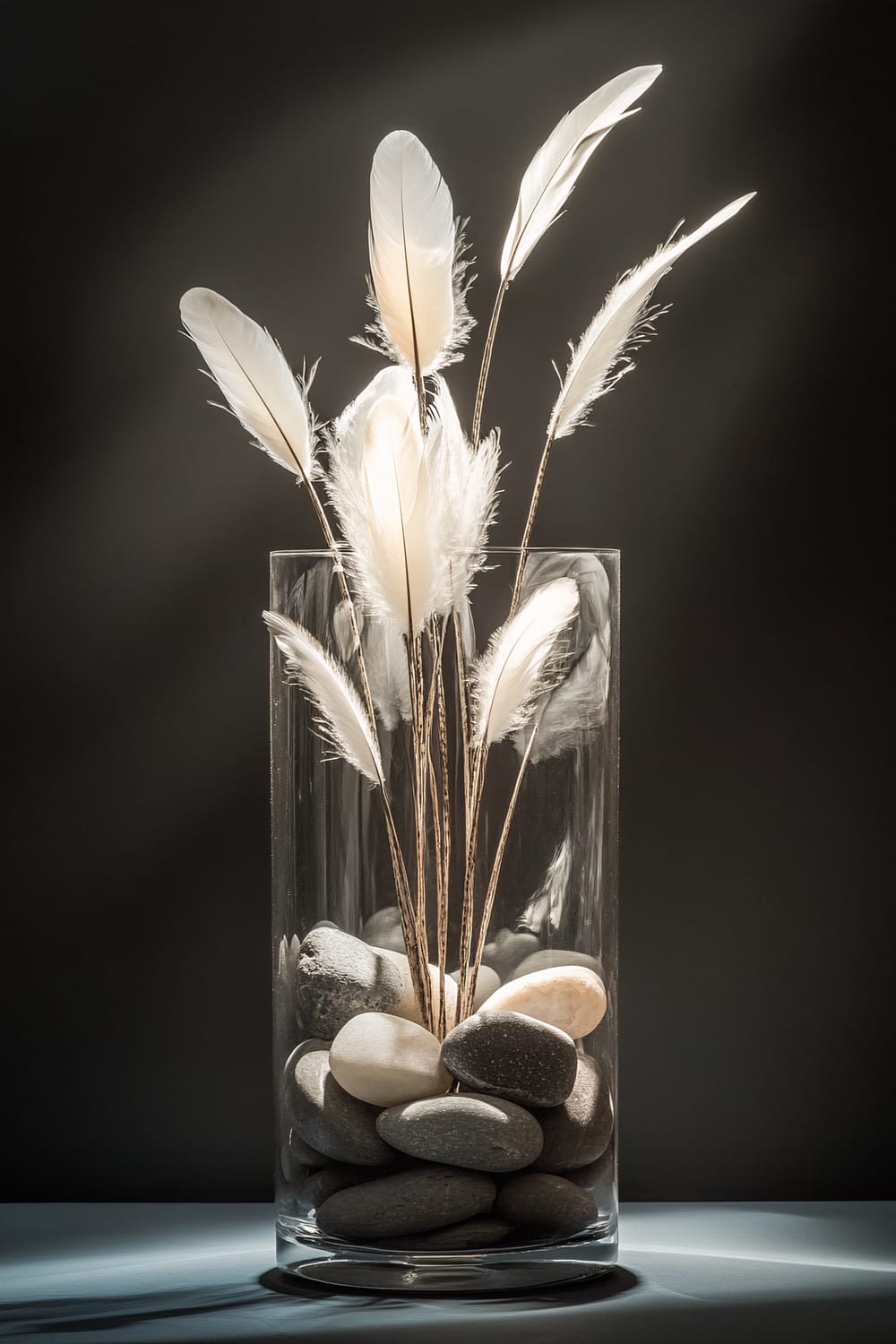 A tall clear glass container filled with smooth gray and white stones at the bottom, out of which rise several delicate, soft white feathers on thin stems. The arrangement is spotlighted, creating dramatic shadows and enhancing the textural contrast between the feathers and stones.