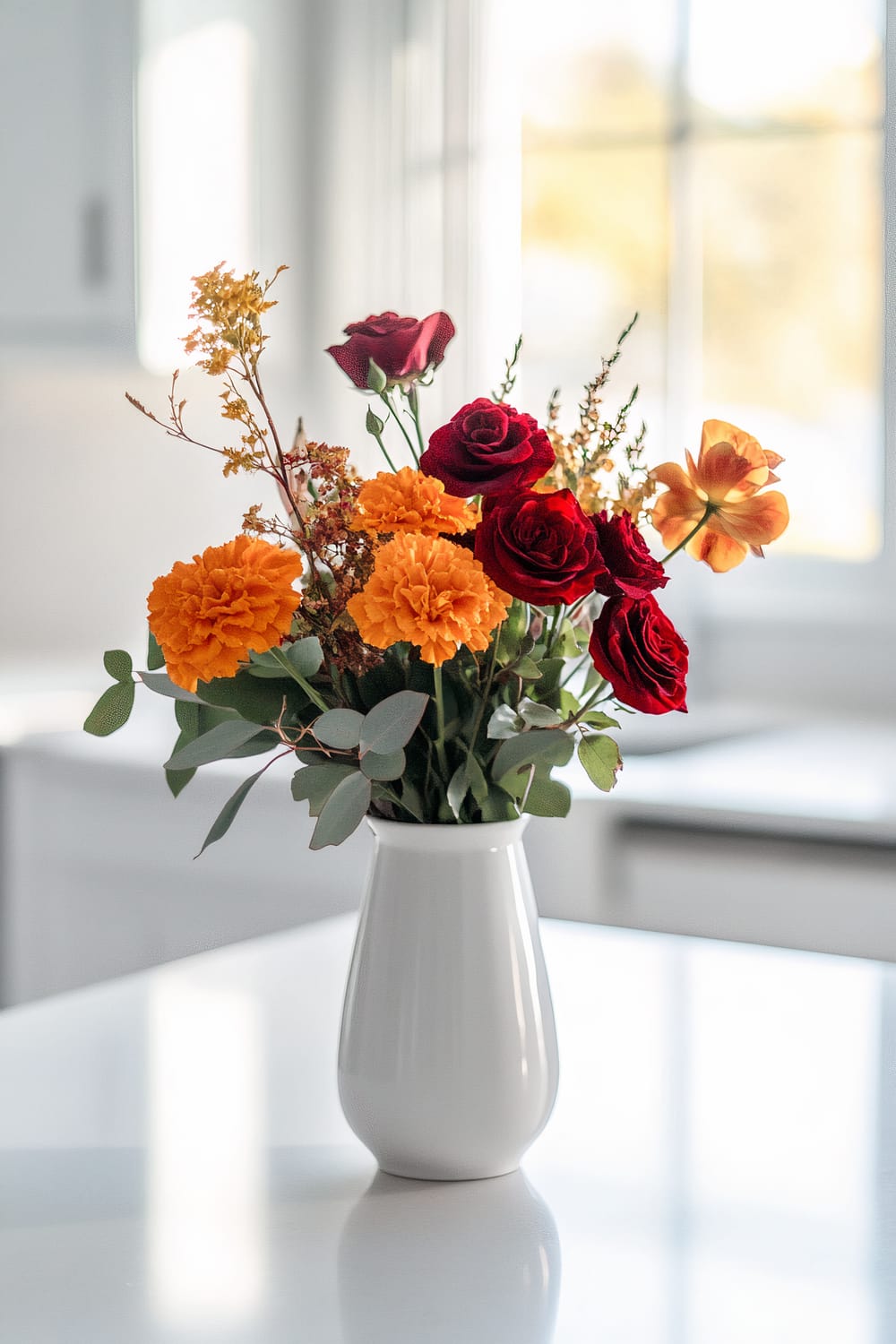 A white vase containing a vibrant bouquet of flowers sits on a white countertop. The bouquet includes red roses, orange marigolds, and some green foliage. Sunlight filters in through a window in the background, creating a bright and airy atmosphere in the room.