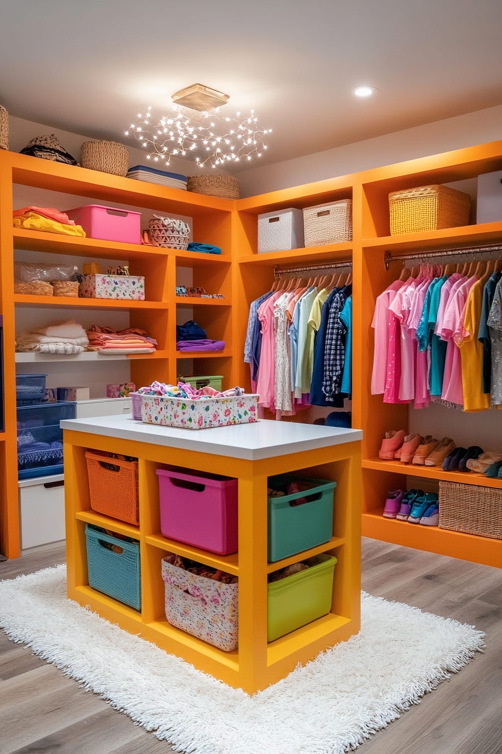 A bright, kid-friendly walk-in closet with wrap-around orange shelves holding colorful bins and baskets. Clothes and shoes are organized on open shelves and hanging rods. A low-profile island with built-in drawers and bins sits in the center. Soft fairy lights drape along the shelves above, and a fluffy rug covers the floor.