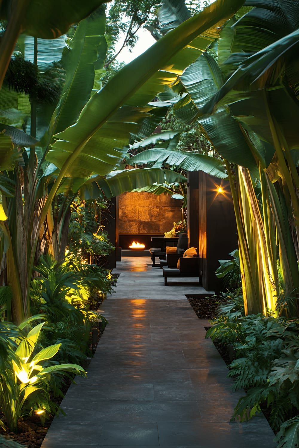 An outdoor, night-time scene that showcases a dramatic garden pathway. The path is defined by a sleek black stone walkway hemmed by oversized tropical banana leaves. The pathway leads to an unseen seating area, suggested by low in-ground lighting casting strong shadows. A modern fire feature adds warm orange hues to the otherwise predominantly green and black scene, creating a mix of lush greenery and a dark, moody atmosphere.