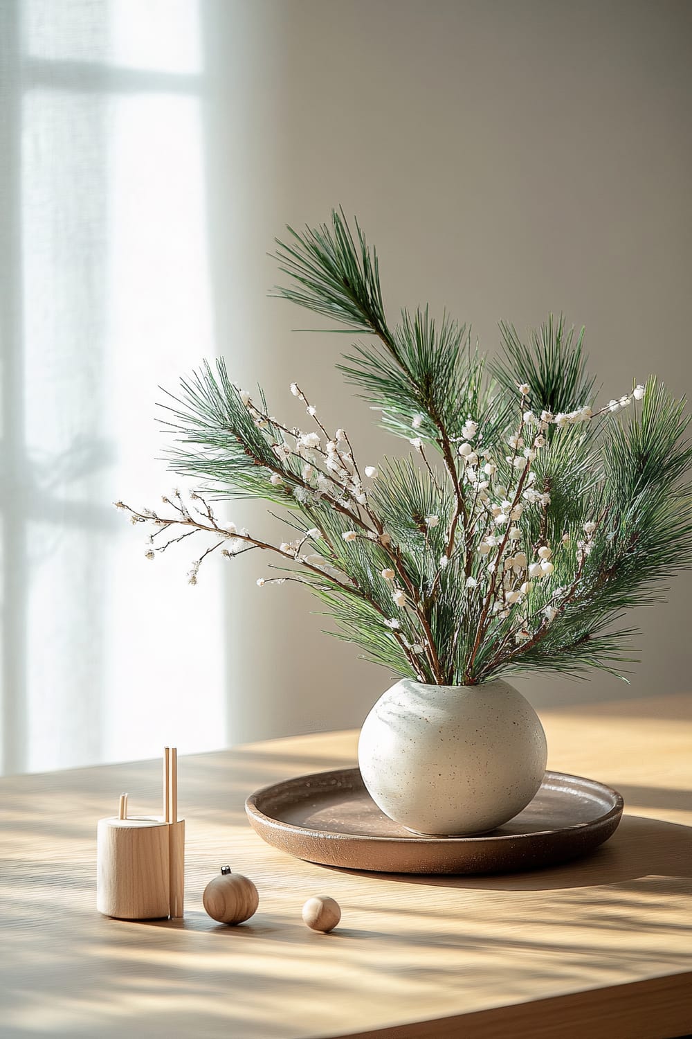 A minimalist setup featuring a round white vase with speckled texture, filled with pine branches and white berries, placed on a round brown tray. The setting is on a wooden table with soft sunlight streaming through sheer curtains in the background. Small wooden decorative objects are also present on the table.