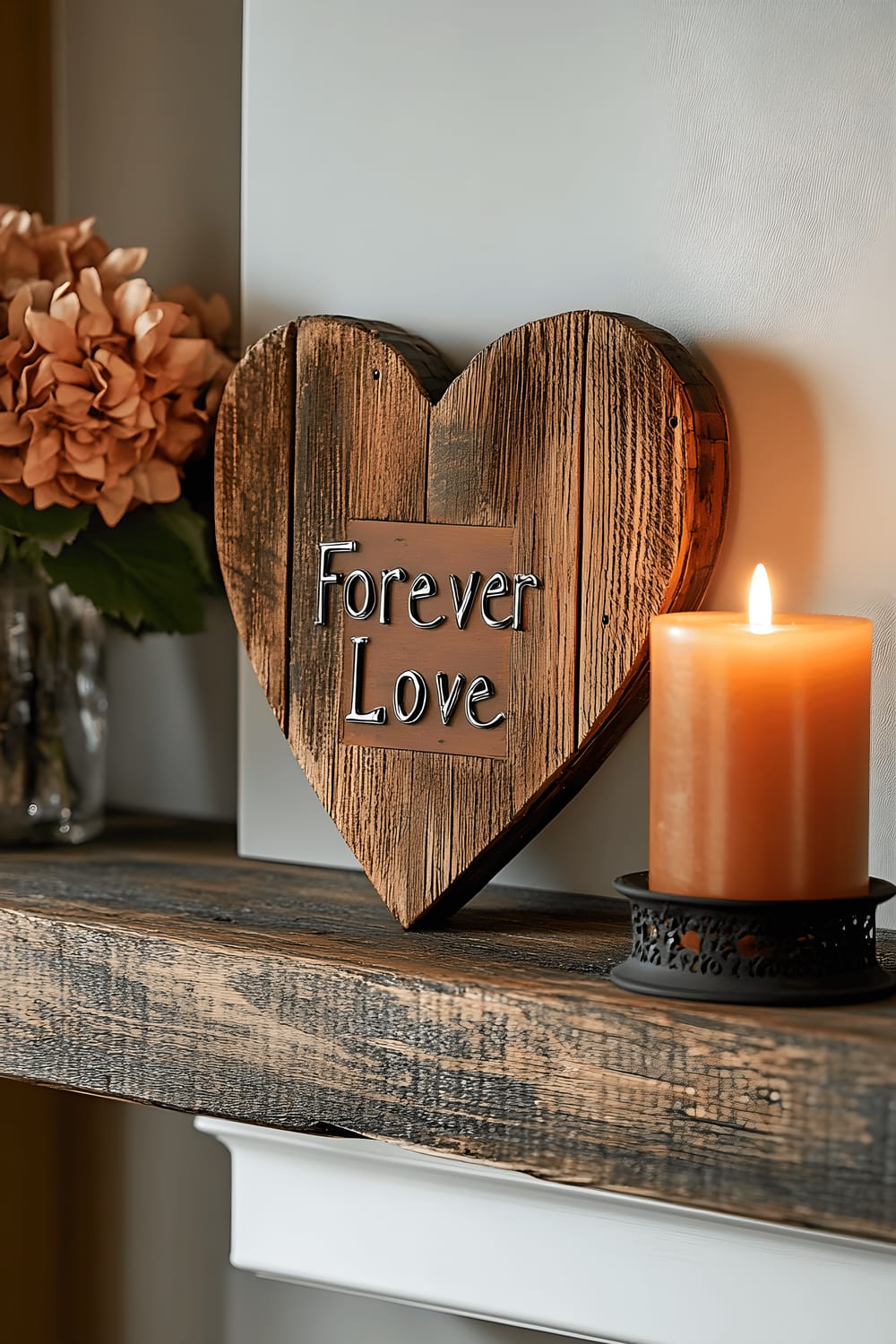 A rustic wooden mantel topped with a heart-shaped frame made from reclaimed wood and engraved with the words "Forever Love". Next to the frame is a single amber-colored pillar candle in a matte black holder casting a warm glow across the natural wood.