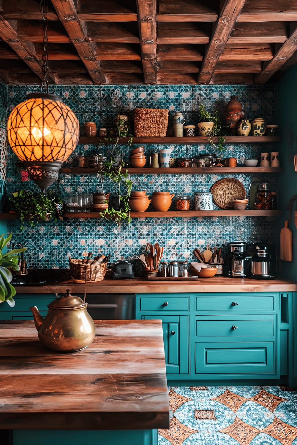 A kitchen displaying a vibrant mix of Bohemian Moroccan influences with a colorful mosaic tile backsplash in blues and oranges. Deep teal cabinetry with intricate handles, wooden open shelving housing handcrafted pottery and baskets. A wooden island adorned with a vintage brass kettle and glass containers of spices serves as a central feature. The room is filled with warm light from lanterns that casts beautiful shadows on textured fabrics and verdant indoor plants.