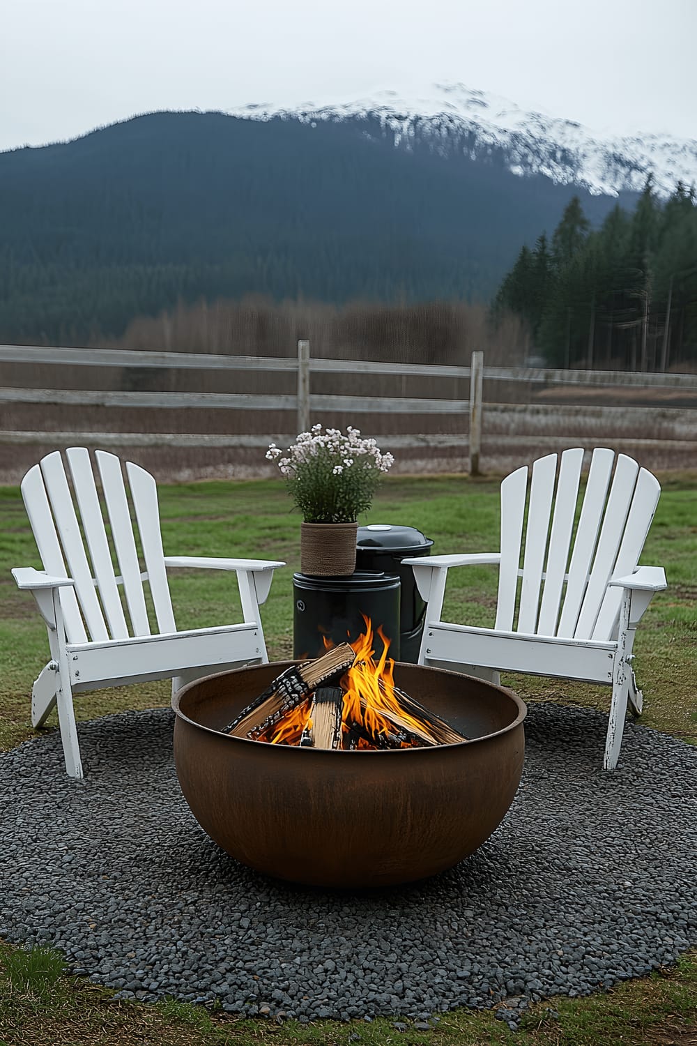 A cozy backyard area featuring two Adirondack chairs surrounding a small fire pit set on a gravel patio. To the side stands a portable black grill and a single potted plant. A tall, white wooden fence provides privacy, and blooming trees can be seen in the background, suggesting a serene and private outdoor space.