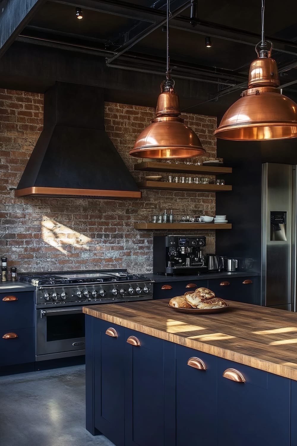 A dramatic moody farmhouse kitchen with deep navy blue cabinetry, matte black countertops, and bold copper pendant lights above a central island. The kitchen features a stainless steel range with vintage knobs, built-in espresso machine on a rustic wooden shelf, and a stainless steel refrigerator integrated into the cabinetry. Reclaimed wood flooring and exposed brick walls add to the rich textures, while a plate of bread is on the island.