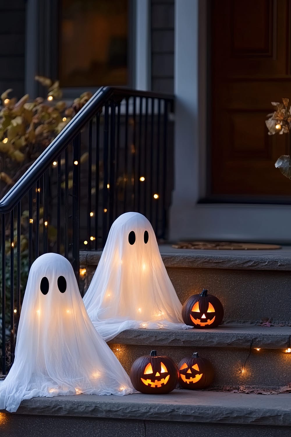 Two ghost figures made from white sheets and lights sit on the steps of a porch, flanked by three carved pumpkins with glowing faces. The railing beside the steps is adorned with small yellow fairy lights, adding a warm glow to the scene. The porch leads up to a wooden front door, and there are autumnal plants in the background.