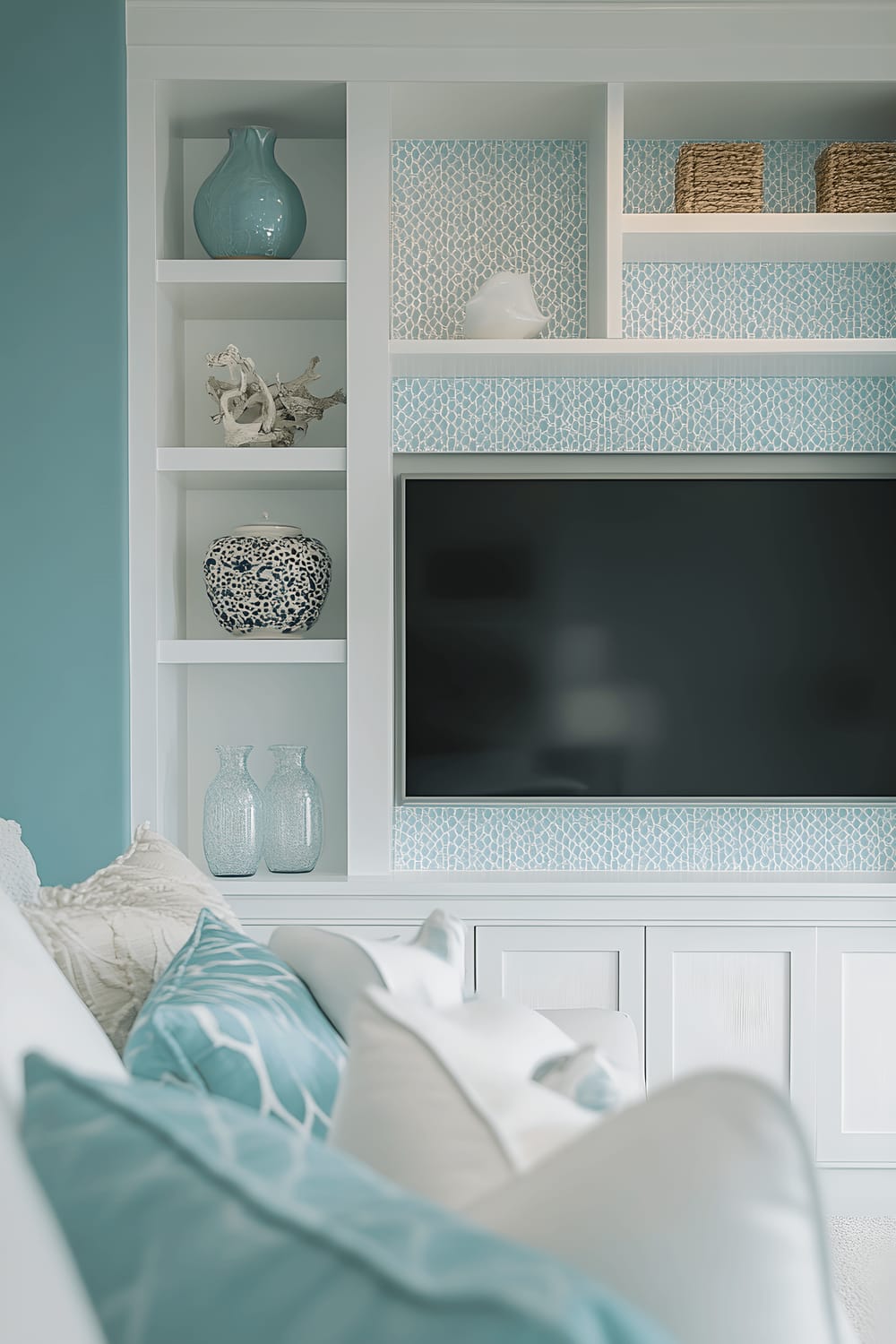 A serene living room setting featuring a large TV set into a cool teal wall. The television is surrounded by white floating shelves that hold a variety of decorative items including teal ceramics and glass accessories. The overall feel is calming, further accentuated by soft lighting from teal or white light fixtures.