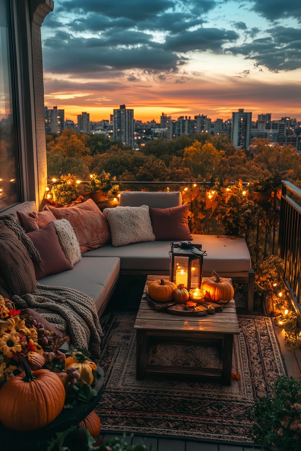 An inviting apartment balcony at dusk, embellished with a grey sectional sofa adorned with various cushions in warm, earthy tones. A wooden coffee table in front features pumpkins, candles, and decorative gourds. String lights and various plants enhance the ambiance. The background showcases a city skyline beneath a colorful sunset sky with clouds.