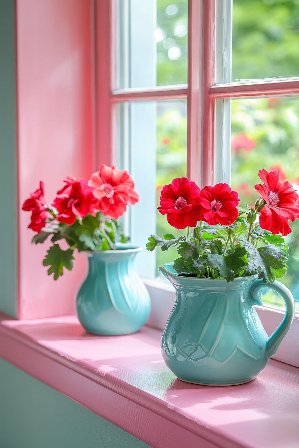 Close-up of a 1950s kitchen window sill with two potted red geraniums in turquoise ceramic pitchers, natural daylight illuminating the scene, with a pastel pink window frame and an uncluttered arrangement.