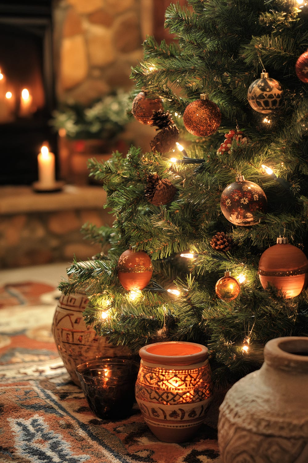 A close-up of a decorated Christmas tree adorned with orange and brown ornaments, pine cones, and twinkling lights. Below the tree, various earth-toned, clay pottery pieces are placed, accompanied by a glowing candle in a dark glass holder. In the background, a candlelit stone fireplace is visible, adding to the warm ambiance.