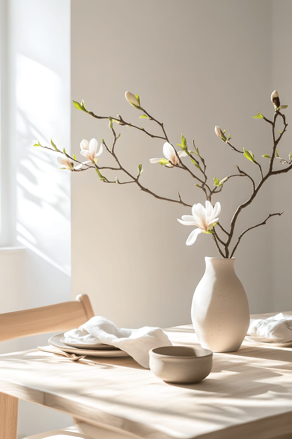 A bright Scandinavian-inspired dining room featuring soft white walls, light wooden furniture and minimalist table setting. The table is adorned with a simple ceramic vase hosting budding magnolia branches, bathing in the soft afternoon sunlight.