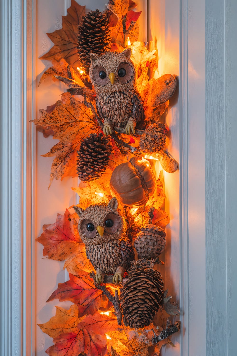 A festive autumn wall decoration featuring two owl figurines amid orange leaves, pine cones, a small pumpkin, and illuminated by warm fairy lights. The display is set against a white wooden panel wall.