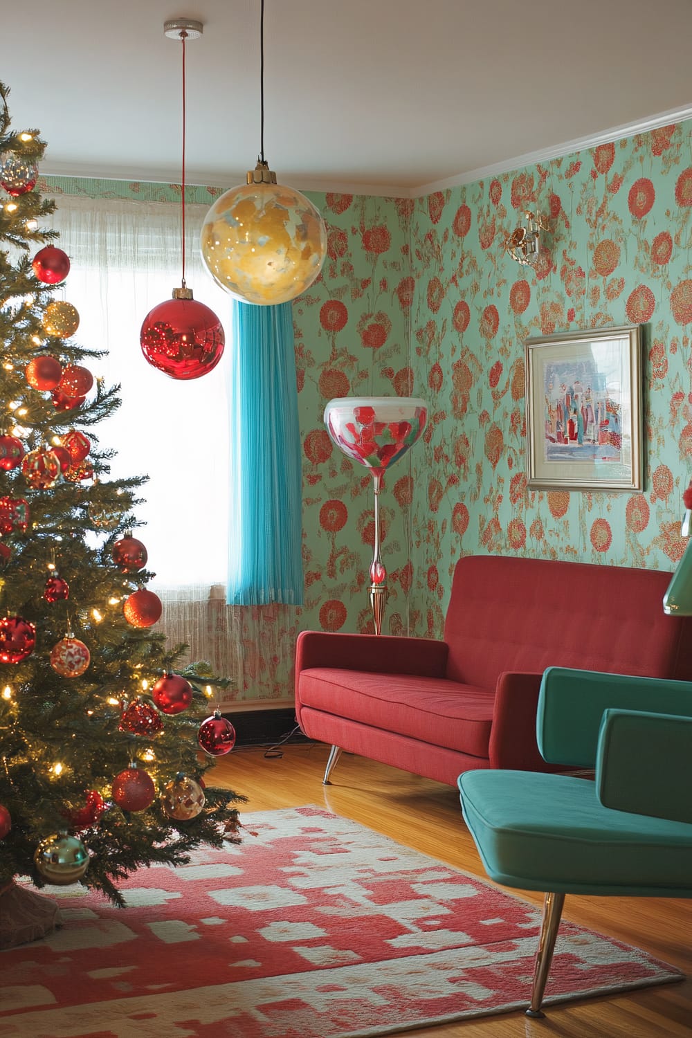 A 1950s retro living room featuring a vintage Christmas tree adorned with colorful glass ornaments and lights. The room includes bold red and teal furniture, patterned wallpaper with circular designs, and bright pendant lighting. There is a red sofa and a teal chair near a window with sheer and teal curtains. An art piece is hung on the patterned wall, and a standing lamp with floral designs is positioned next to the sofa.