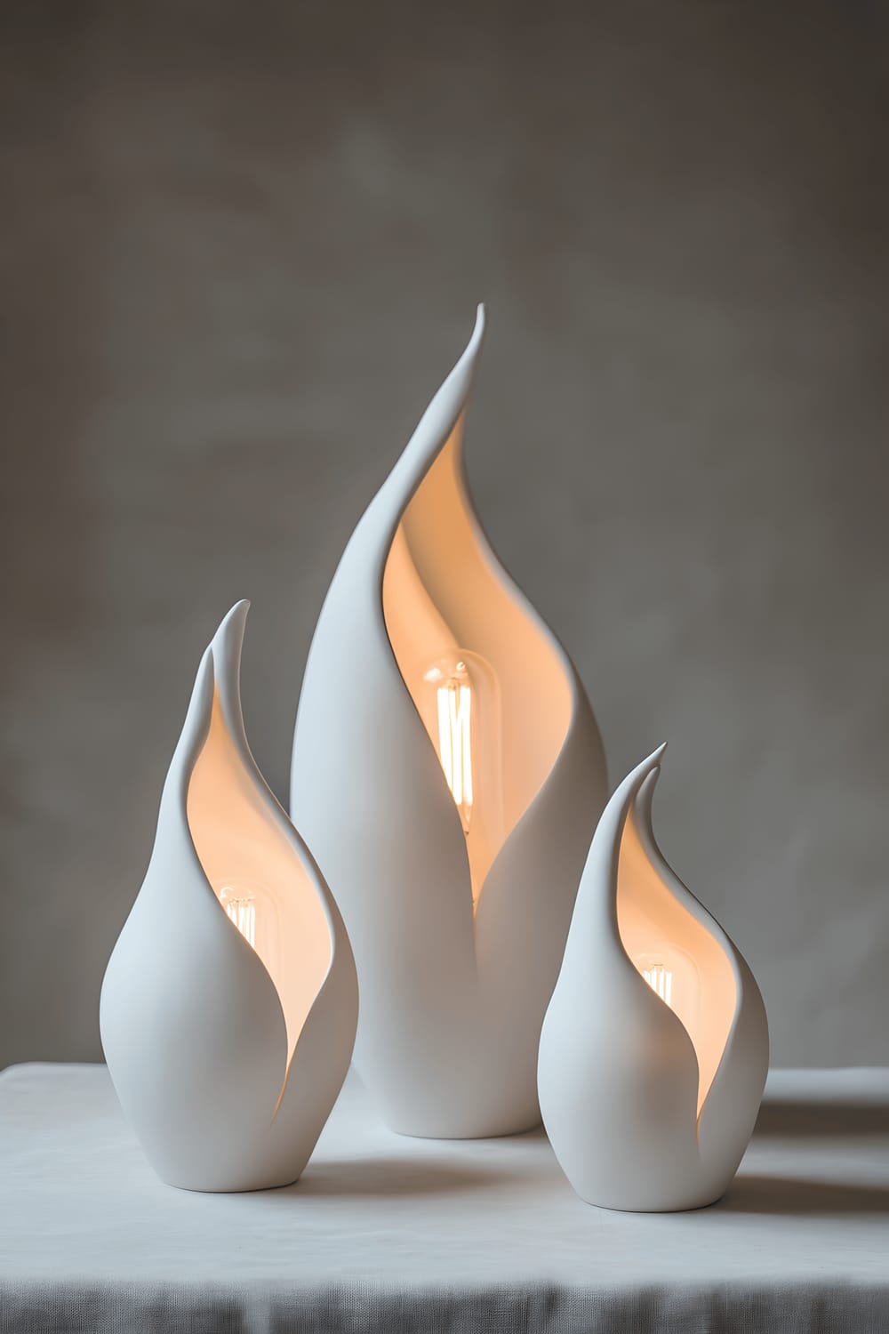 A set of handmade ceramic table lamps in matte white, featuring organic sculptural shapes. The lamps are turned on, emitting a warm glow from their filament bulbs. The image is lit with a soft evening light, creating a tranquil ambiance.