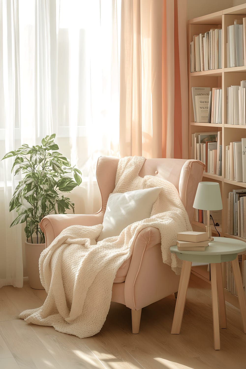 A warm and inviting reading nook with buttercream yellow walls and light wooden flooring. The nook furniture includes a comfortable pastel pink armchair draped with a soft ivory throw blanket, a light wooden side table featuring a pastel mint lamp, and a compact pastel coral bookshelf filled with books arranged in an orderly manner. Large windows dressed in sheer pastel curtains flood the space with natural light.