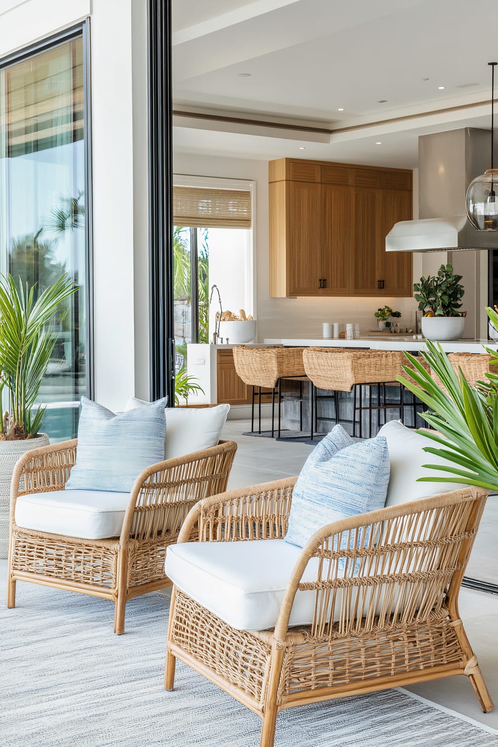 A serene indoor-outdoor living space features two wicker armchairs with white cushions and pale blue throw pillows, positioned on a light grey and white striped rug. The backdrop reveals an expansive modern kitchen with wooden cabinetry, rattan bar stools, and a sleek white island. Large sliding glass doors open to a lush outdoor area, allowing natural light to flood the space and highlighting indoor plants that enhance the tropical ambiance.