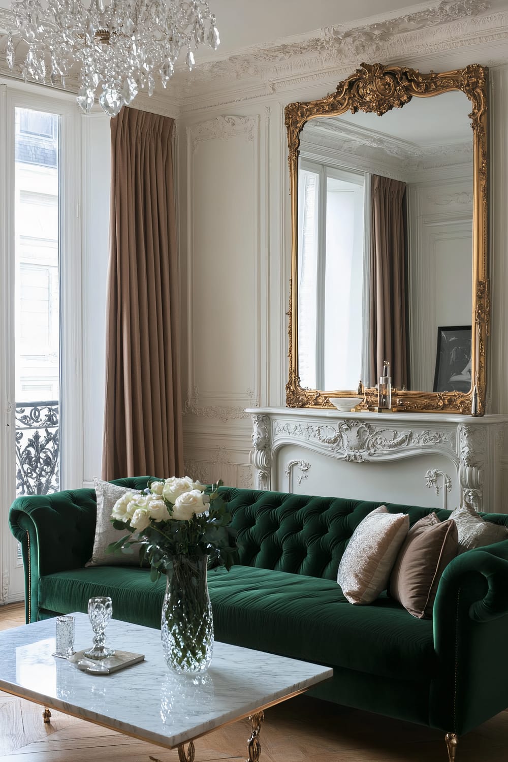 A Parisian-inspired living room featuring a deep emerald green tufted velvet sofa with gold accents and blush throw pillows. A marble-topped coffee table with ornate brass legs stands in front of the sofa, adorned with a crystal vase of fresh white roses and crystal glasses. Above a white marble fireplace with intricate detailing, hangs a large gold-framed mirror. The room is illuminated by a crystal chandelier and framed by soft cream-colored walls and deep plum curtains.