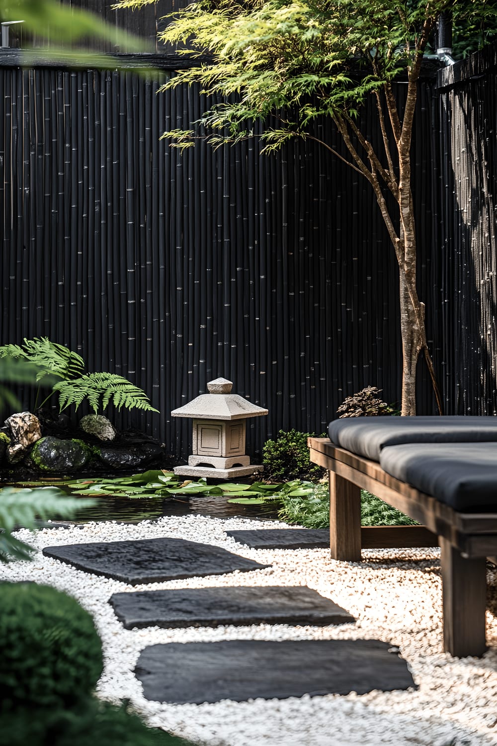 A serene patio featuring a meticulously raked white gravel path with smooth stepping stones. The path is lined with black bamboo fencing and leads to a weathered stone lantern standing next to a koi pond bordered by ferns and moss. A wooden bench with black cushions is positioned for viewing the scene, and a small bonsai tree decorates a teak side table next to the bench.