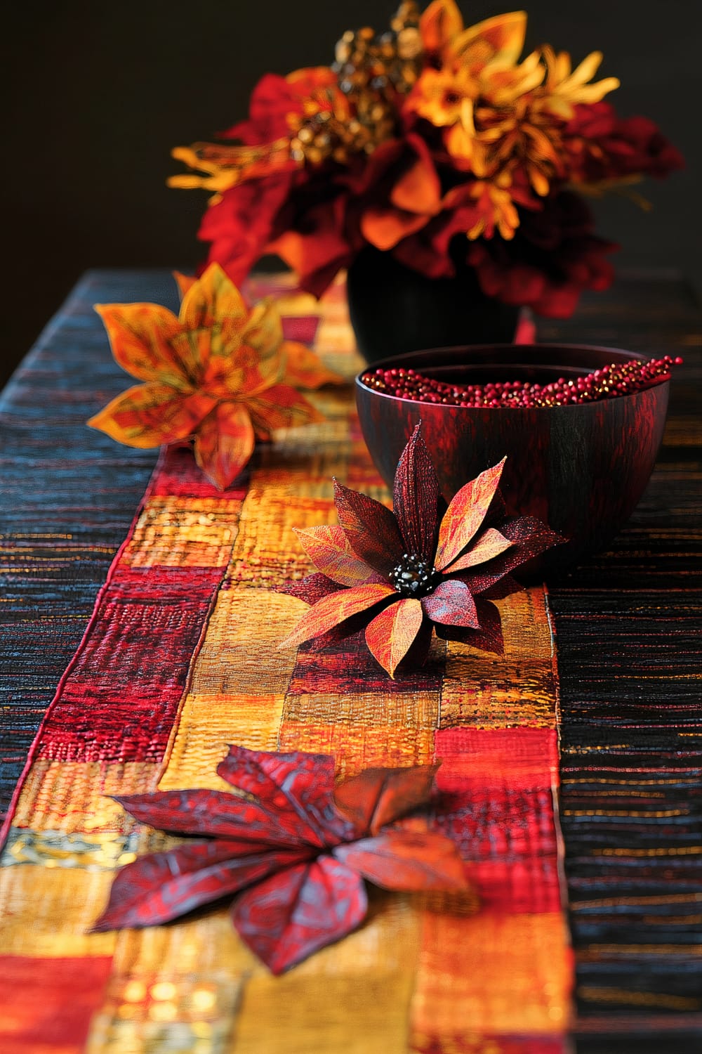 A table setting featuring a richly colored runner with a patchwork design in shades of red, orange, and gold. The table is adorned with fabric flowers in matching autumnal colors. A black bowl filled with small red beads is also part of the arrangement. In the background, a dark vase holds an arrangement of vibrant red, orange, and yellow flowers.