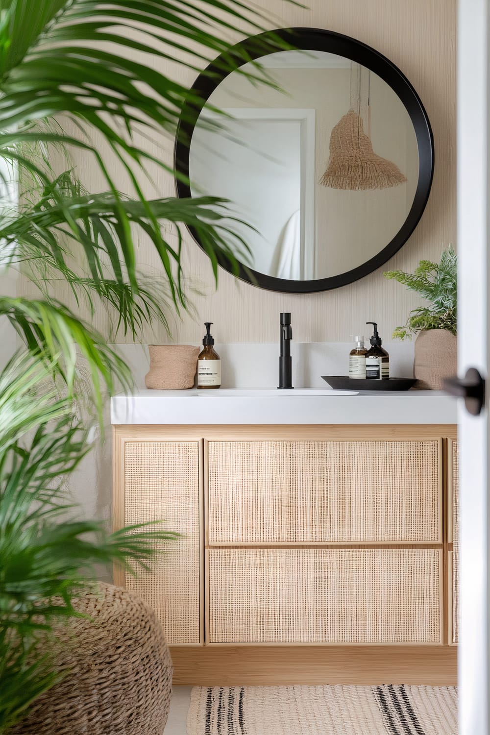 A bathroom featuring a round, black-framed mirror above a rectangular vanity with a natural woven-texture front. The sink area includes minimalistic soap dispensers and a black faucet. Lush green plants surround the setting, enhancing the organic ambiance. A woven basket and partially visible striped rug add to the natural aesthetic of the space.