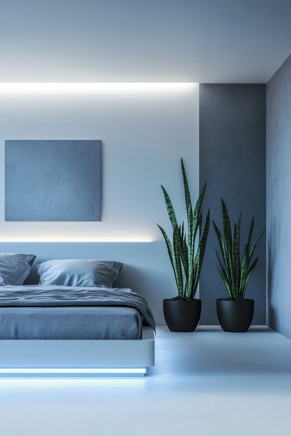 A minimalist bedroom features a low-profile white bed with silver bedding on a clean white floor. Behind the bed, a large abstract digital art print hangs on a white wall. The room is illuminated with integrated LED strip lighting that casts a soft blue glow. Two tall snake plants in sleek black pots are placed on the right side, adding a touch of greenery. The overall design is modern, with clean lines and a futuristic aesthetic.