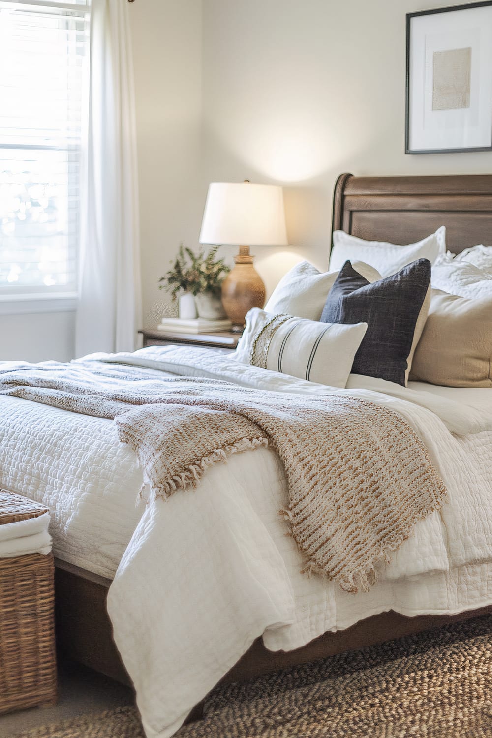 A well-lit bedroom with a neatly made bed featuring white quilted bedding and several decorative pillows in muted tones like beige, black, and white. At the foot of the bed, there is a beige, textured blanket draped over the white coverlet. To the left, a wooden nightstand holds a potted plant and a ceramic lamp with a white lampshade. A window with white curtains partially illuminated by natural light is seen in the background, and a framed art piece hangs above the bed's dark wooden headboard. A woven basket and a textured area rug are visible on the floor.