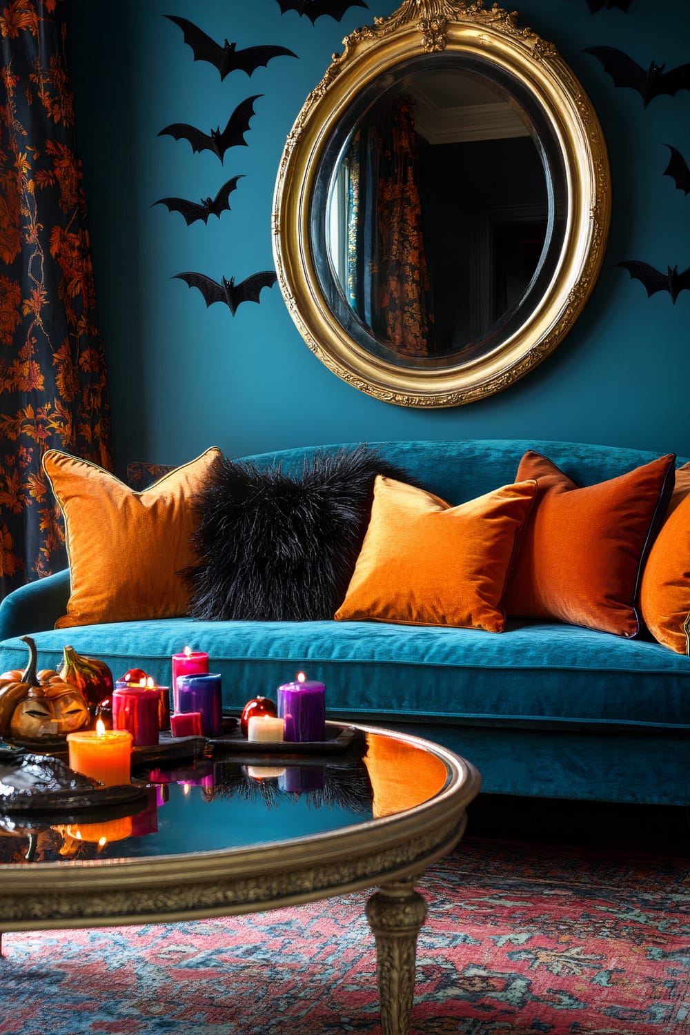 A sophisticated living room with a teal velvet sofa adorned with vibrant orange and black throw pillows. Above the sofa, a round, ornately framed gold mirror reflects the room, while black bat decals create a whimsical and spooky accent on the teal wall. Floral-patterned curtains flank the setting, adding depth with their rich orange and dark hues. In front of the sofa, a round, vintage-style coffee table features a variety of colorful candles and a small pumpkin decoration, enhancing the room's festive ambiance.