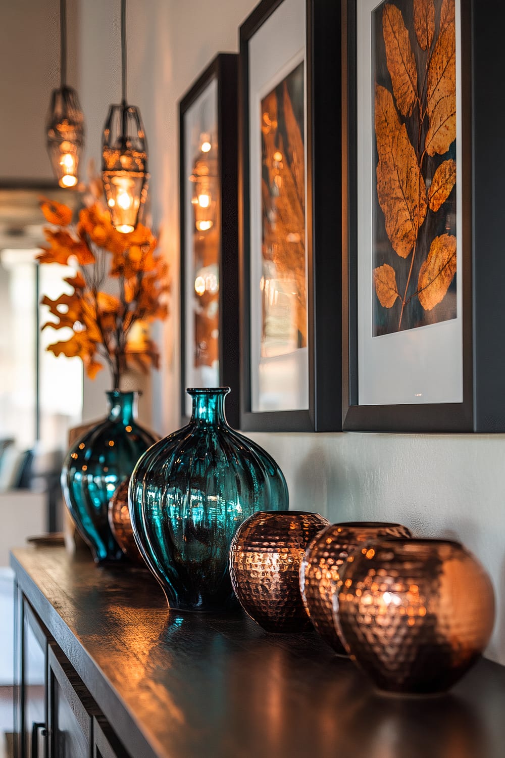 An artistic gallery wall featuring modern minimalist framed prints of fall leaves, set against a neutral backdrop. Copper and teal vintage-inspired metal sculptures are displayed on a dark wooden surface, with warm lighting highlighting the artwork and sculptures. Two pendant lights hang above the display, and decorative fall foliage adds an extra touch of autumn ambiance.